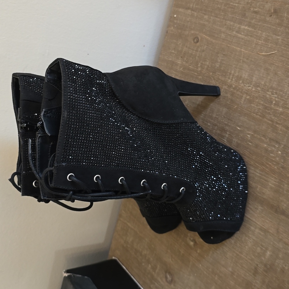 Torrid Pointed Heel Laceup Bootie - Black Rhinestone - Picture 2 of 6